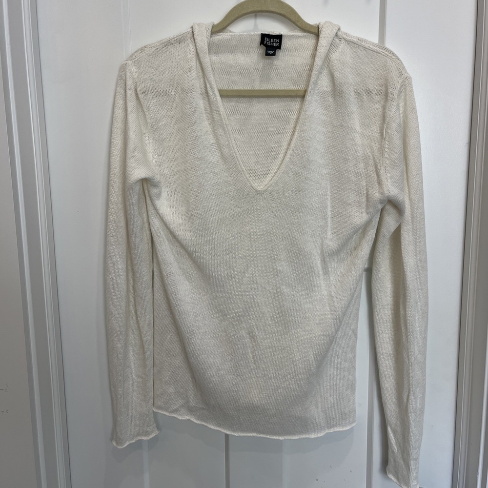 Eileen Fisher Woman's Sweater Hoodie Pullover White 100% Linen Size Small